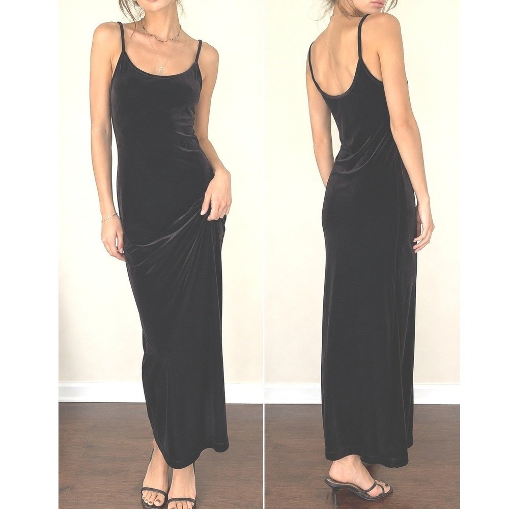 Amy Byer California Vintage 90s Black Velvet Spaghetti Strap Midi Dress Sz 11/12